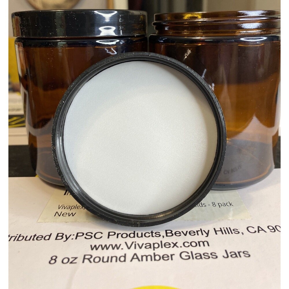 Vivaplex 8oz Amber Glass Jars – Set of 8 w/ Smooth Black Lids (Brand New) - Picture 3 of 4